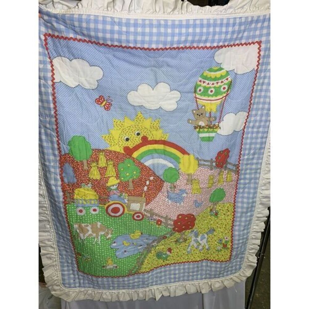 Vintage 90s‎ 48X39" Baby Farm Sunshine Rainbow Hot Air Balloon Crib  Quilt